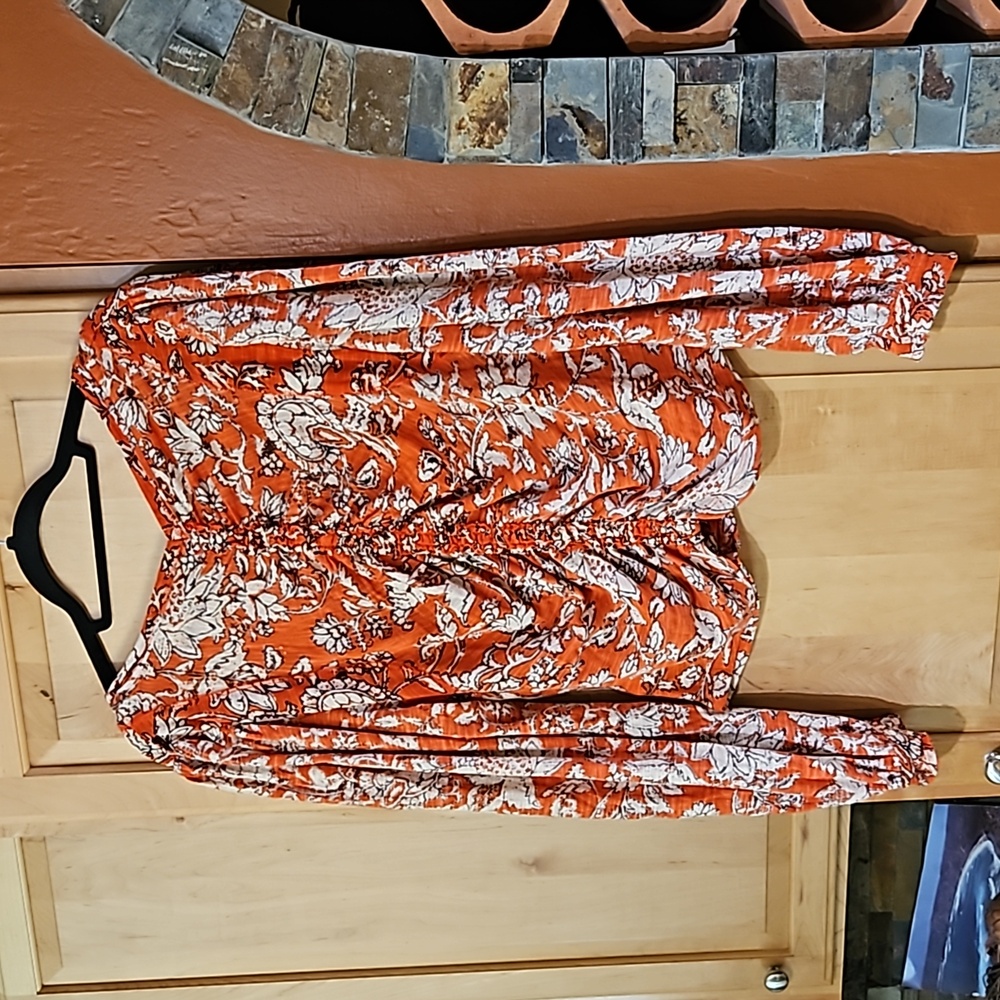 Free People Say The Word Ruched Long Sleeve V-Neck Top Orange Boho Floral Print - Picture 2 of 3